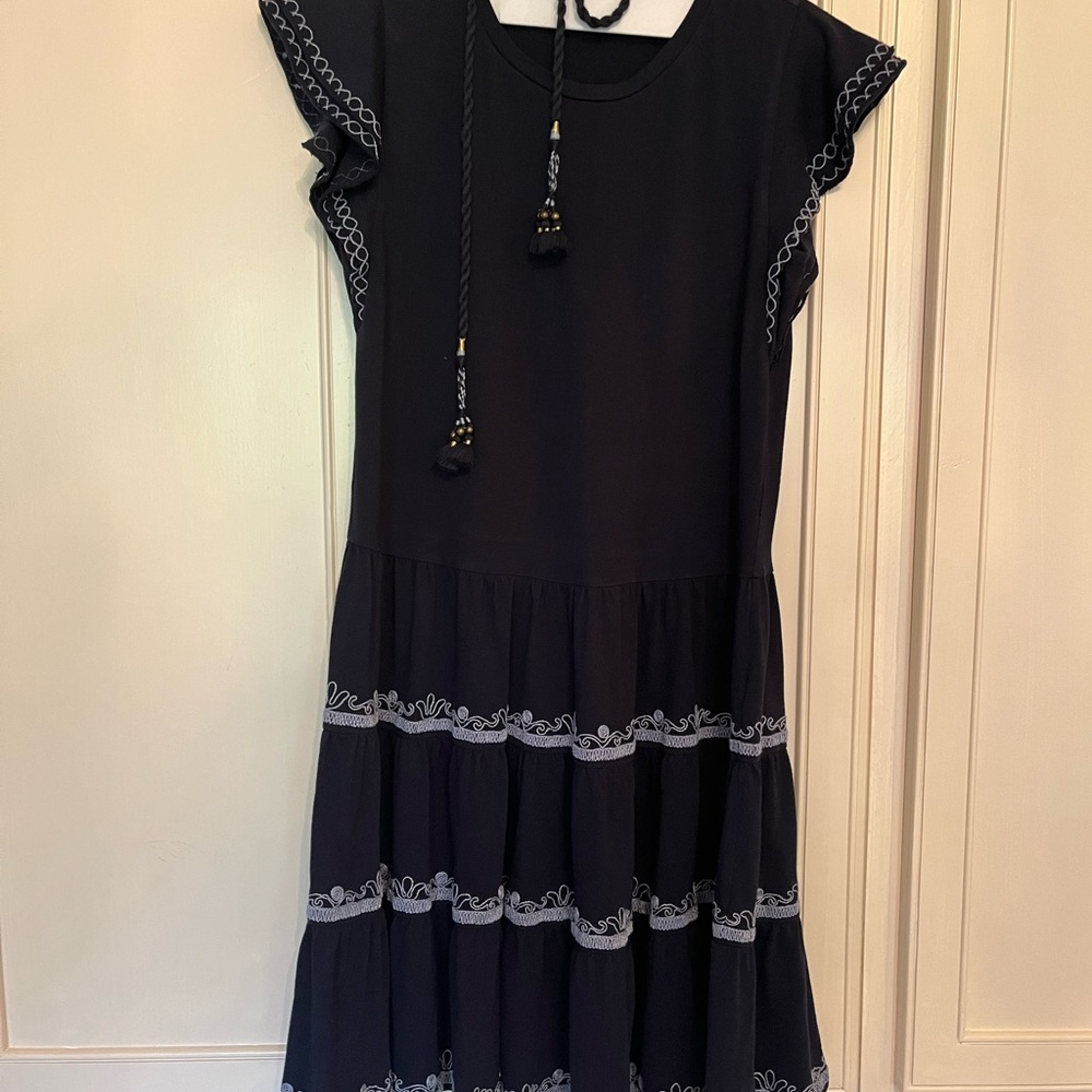 Tory Burch Navy Mini Dress with Light Blue Embroidered Trim, Tassel Belt.